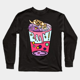 Aesthetic Cat Drinking Boba Milk on Beautiful Land (Pink) Long Sleeve T-Shirt